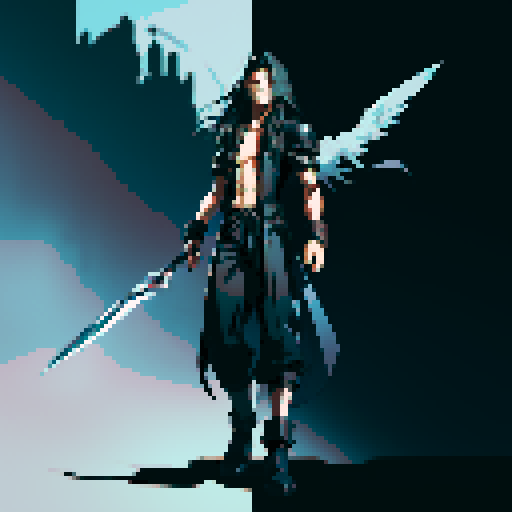 Full-body image of Sephiroth from FF7 with black hair, alone.