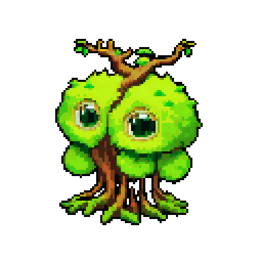 A towering, ancient tree-like creature with thick bark, long branches, and a wise, old face. It has glowing green eyes and is covered in moss and vines. It exudes an aura of ancient wisdom and strength. No background.
