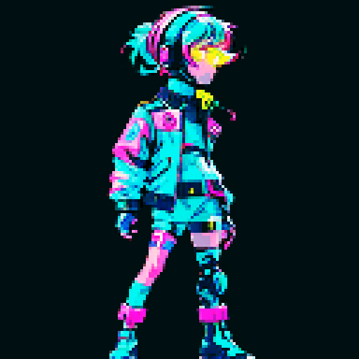cyberpunk space trader sprite, pixel art, futuristic design, cybernetic arm with intricate detailing, glowing yellow-orange visor over the eyes, trench coat with glowing lines, blue and teal color palette with neon pink and yellow accents, distinct sci-fi aesthetic, confident posture, mid-step left first, left left bent and raised, arms extended, pixel art, sRGB
