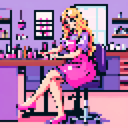 A nail tech with long blonde wavy hair, wearing a pink apron, sitting in front of a Woman at a table in a nail salon. The woman has long brown hair and a purple shirt. 