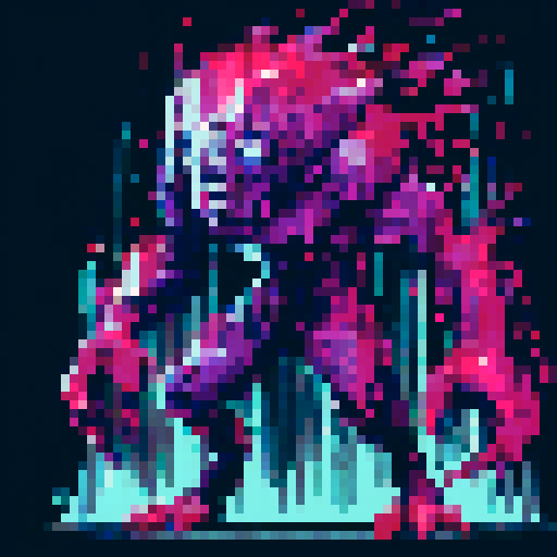 intimidating dark purple humanoid demon with many eyes, glitchy aura, fantasy RPG