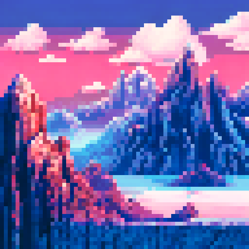 Towering, jagged peaks of white ice looming over a frozen wasteland, rendered in a pixelated style with a subtle sRGB color palette
