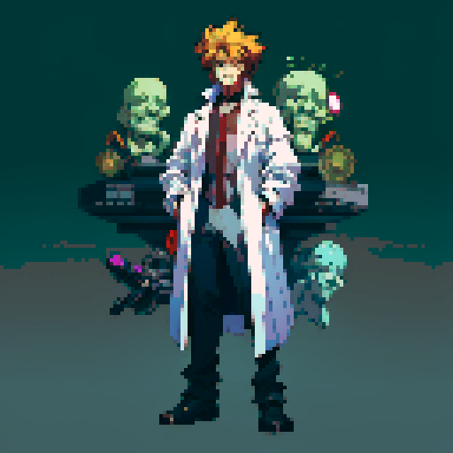 mad scientist facing left, lab coat, goggles, full-body image, pixel art, sRGB, no backdrop, no background