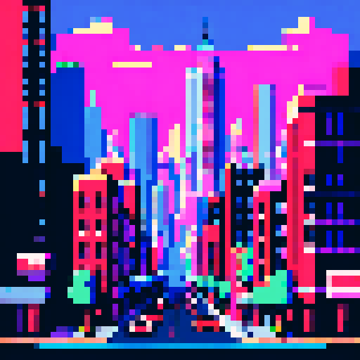 Cityscape, towering skyscrapers, bustling streets, retro video game vibes, blocky pixelated buildings, vibrant color palette, 8-bit art style,ARNE32 palette
