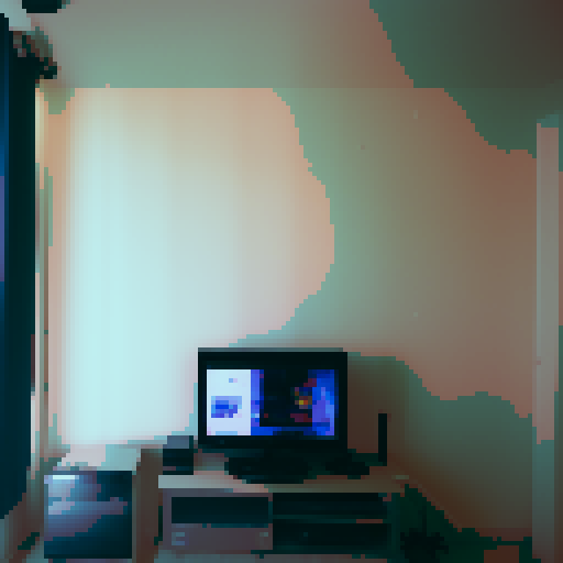 "Pixel art style image of a gaming setup in a French apartment featuring a flat screen TV on a wooden entertainment center, a gaming PC, and black walls; with empty daylight streaming in from the 2-meter-wide window, showcasing Roll20 on the screen, reminiscent of a lower quality estate agent listing photo edited on Canva with a white balance of 0.5 and an aperture of f5.6."