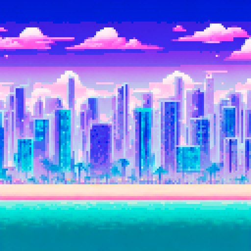 Sun-kissed palm trees towering over a pastel-colored Miami skyline, dotted with neon-lit high rises and art deco architecture