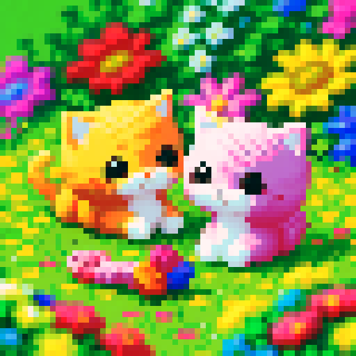 adorable kittens playing with colorful yarn, surrounded by vibrant flowers in a pixelated garden