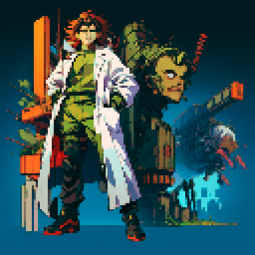 full-body image of a mad scientist with wild hair, lab coat, and goggles, who is facing to the left, giant robot towering in the background, detailed pixel art