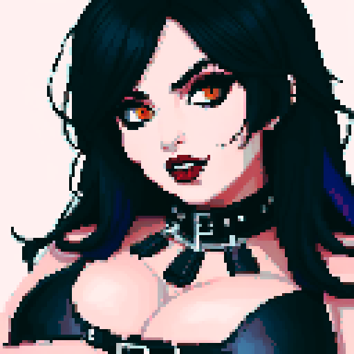 curvy, cute busty goth woman's face, whole head portrait, black hair, purple eyeshadow, red lipstick, low cut leather halter top, studded collar, vibrant sRGB colors, pixel art, NES style