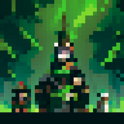 anthropomorphic raccoon with black and forest green fur, adventurers garb, throne made of treasure and money, dollar bills raining down, sRGB, pixel art