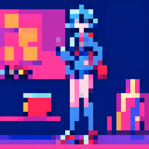 cute cartoon female in a blue suit, vibrant colors, playful expression, pixelated details, retro video game vibes, sRGB color space
