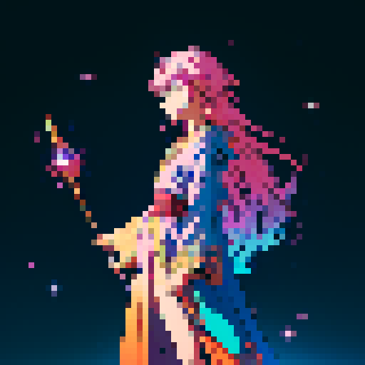 legendary anime girl wizard, long flowing hair, vibrant and dynamic colors, glowing magical staff, intricate and ornate robes, intense and focused expression looking to the right, not wearing shoes, sparkling and shimmering background, detailed and precise pixel art
