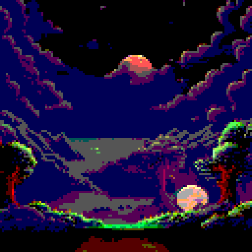 expansive night sky, large glowing moon, numerous stars, viewed from below, pixel art, sRGB, background, landscape, oil paint style