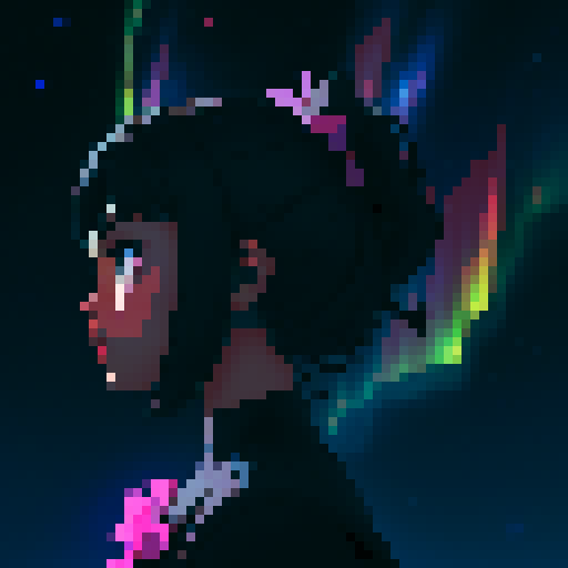 hyperrealistic silhouette of a black cat, galaxies and stars covering the night sky, aurora borealis, pixel art, sRGB