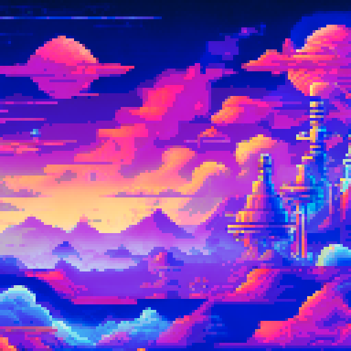 Huge, cylindrical space station orbiting a purple gas giant with electric storms, featuring a sprawling landscape of domes, solar panels, and antennae in retro-futuristic pixel art style against a starry sRGB background
