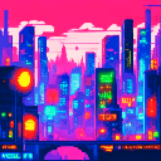dystopian nighttime city scape.16-bit sega genesis era and color palette