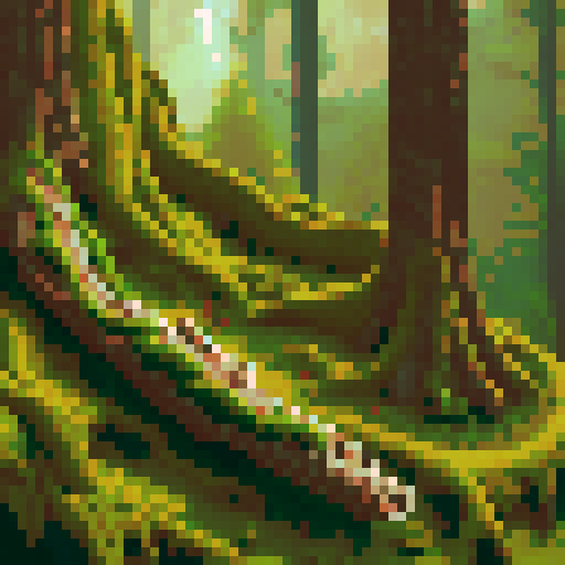 wooden log with gnarled branches, vibrant green leaves, dappled sunlight filtering through, moss-covered bark, intricate wood grain, intricate pixelated details