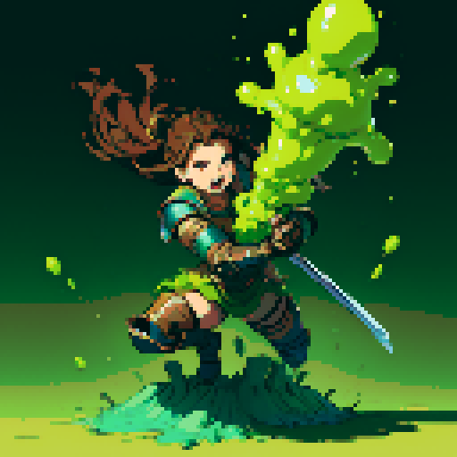 slime slamming into a hero, impact, splattering, full-body image, hero has brown hair and metal armor, slime is green