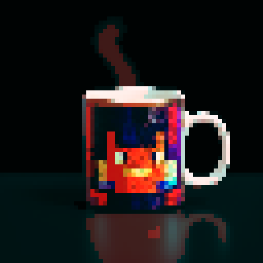 2d pixel art coffee mug, black background, vibrant colors, contrasting lines, retro aesthetic, high pixel density, intricate details, realistic shading, glossy finish, sRGB color space