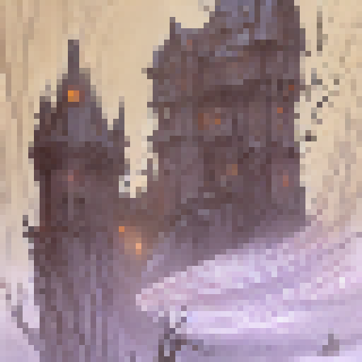 "Amidst the red flames of the dark and eerie forest, misty tendrils twist and writhe around a towering castle nestled in the trees - a scene straight out of a fantasy RPG."