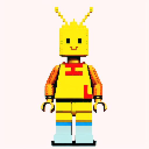 lego pixel, vibrant colors, blocky shapes, small plastic bricks, isometric perspective, retro video game, low resolution, 8-bit graphics, sharp edges, square grid, limited color palette, nostalgic feel, brick-built characters, iconic lego logo, digital recreation, detailed textures, crisp lines, simplified forms, nostalgic gaming vibes gold color body 