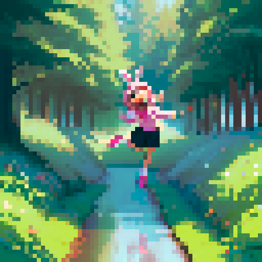 Create an image of a whimsical cartoon character wearing a bright pink bunny hat. The character is small, with a simple white body and round black eyes. It is joyfully jumping over a puddle in a muddy forest path, using a makeshift stick as a pogo stick. The background should depict vibrant green trees and shrubs, capturing a playful and adventurous scene.