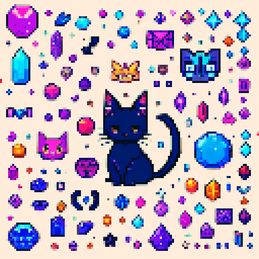 pixel art style collection of witchy objects such as moons cats moths wants stars crystals orbs etc whimsical cute witchy style