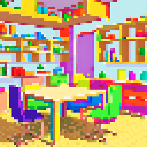 Vibrant, retro pixel art chairs, tables, and shelves in a lively sRGB color palette, Scandi and Japandi style