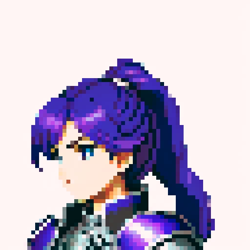 Fire emblem character, intricate armor details, 32x32 pixel art, sRGB, game icon, skill art, close up, portrait, teenage princess, blue ponytail, purple armor, 8 bit, clear outline of character and focused detail in the face