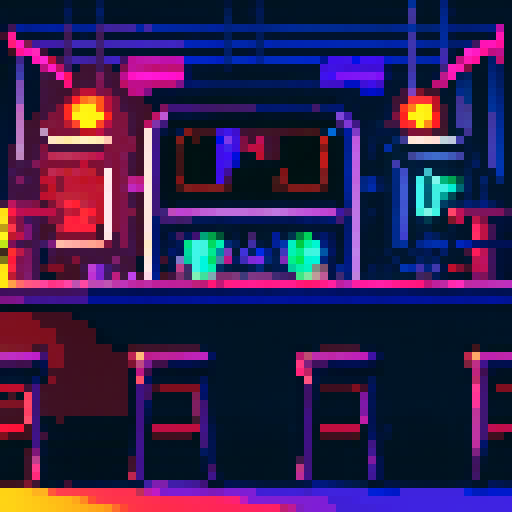 Create a pixel art illustration of a cyberpunk bar with a detailed bar counter. The scene should have a side-scroll perspective, capturing the bustling atmosphere typical of 2D games. Make sure to include neon lights, futuristic decor, and characters interacting within the bar. The image should have a trendy and stylish aesthetic, reflecting the vibrant and edgy nature of the cyberpunk genre.