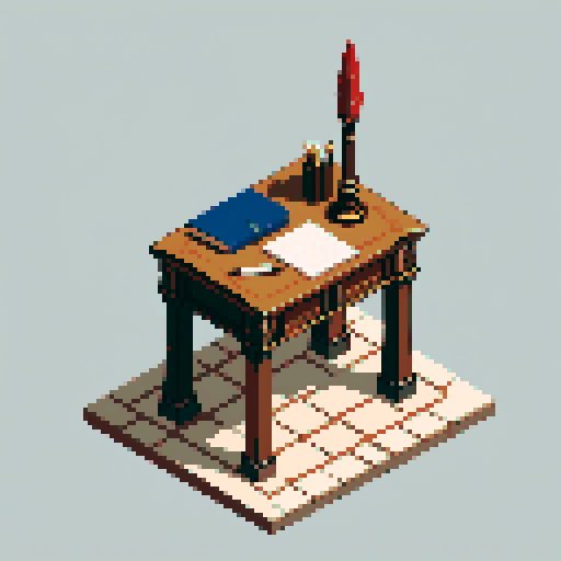 building, inside, block, wood, isometric, medieval, writing table, feather pen, ink, paper, royal seal, law