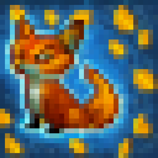 Feigning death, a sly fox lies motionless amidst the autumn leaves, its fur a fiery orange against the cool blue sky in a 32x32 pixel art style.