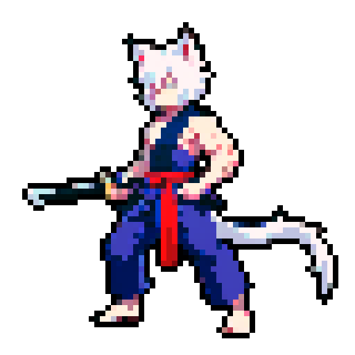 beast man with wolf ears and tail, white hair, brilliant dark blue yukata, pixel art, sRGB, 2D game stance, tall and slim, katana