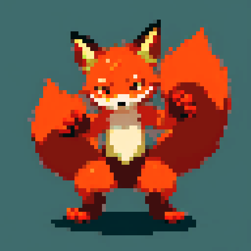 medium-sized, fierce-looking fox with flaming paws, vibrant red and orange fur, sharp claws, intense fiery eyes, dynamic posture, pixelated, 8-bit art style, detailed shading and highlights, sRGB color palette, Battle sprite, stage 2 evolution, pokemon
