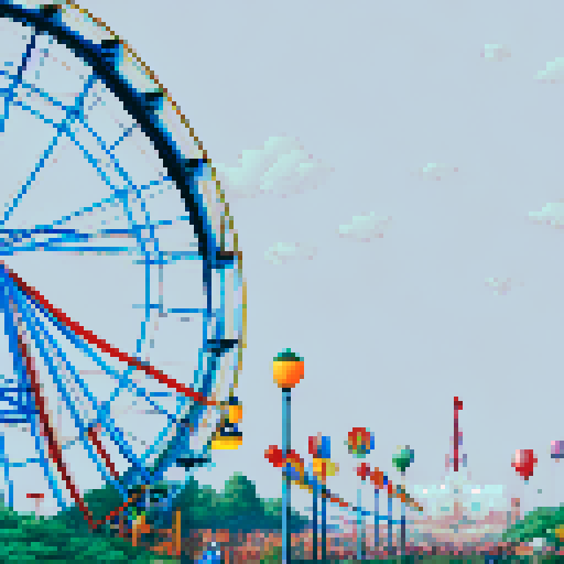 Amusement park, vibrant roller coasters, whimsical carousels, towering ferris wheels, sRGB colors, pixel art, detailed background, picturesque landscape
