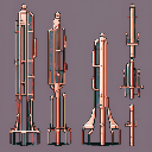 I want a tall vertical copper structure reminiscent of a organ pipe. It should have strange mechanical details that could interlock with each other. I also want this object usable an asset in a videogame, meaning only one object per image, outlined with a strong black stroke, on a solid-color background.