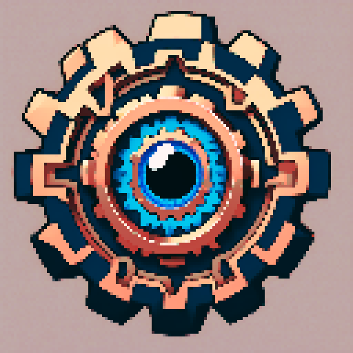 Large copper gear with a glowing blue eye in the middle. on a solid color background so I can easily remove the background
