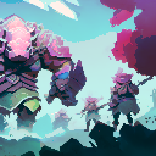 army of soldiers, towering pink monster kaiju, epic battle, dramatic landscape, intense action, detailed armor, vibrant colors, dynamic poses, sweeping brushstrokes