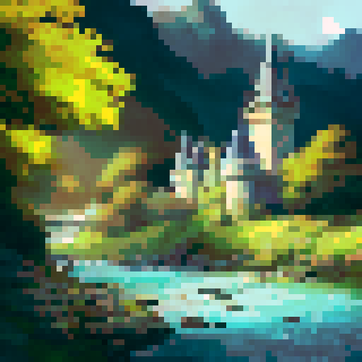 Majestic castle with towering turrets and arched windows, nestled in a lush green landscape with a rippling river flowing nearby, portrayed in a stunning portrait style.