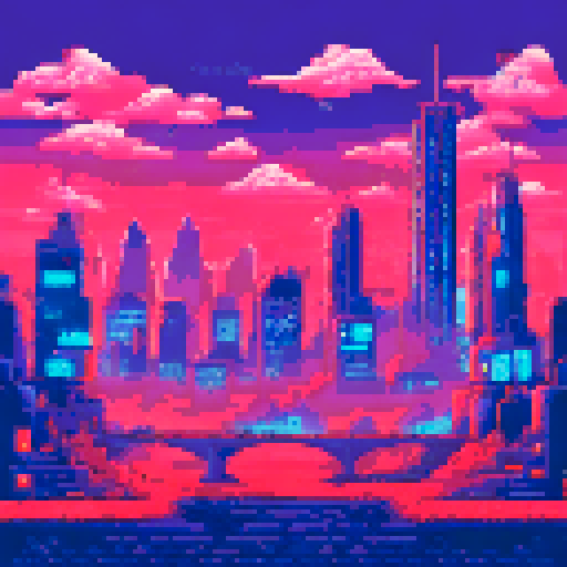 A city from the side, with a skyline, retro game