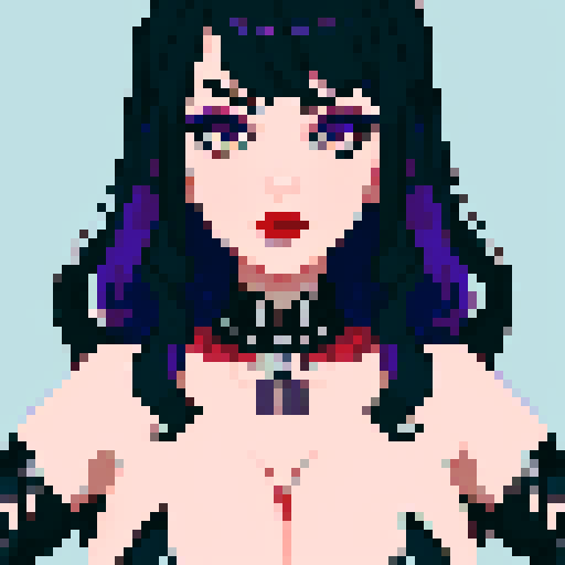 curvy, cute, goth girl,  black hair, purple eyeshadow, red lipstick. Nude glamour shot.