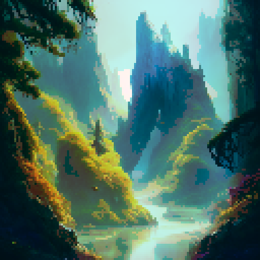  green blue and brown lush, vibrant forest; crystal-clear, sparkling water; majestic, towering mountains; ethereal, magical atmosphere;  enchanted, glowing flora; epic, sweeping landscapes; dramatic, cascading waterfalls; whimsical, swirling mist; overgrown paths; enchanting, hidden clearings; breathtaking, panoramic views; whimsical,  majestic, shimmering waterfalls; magical, ancient trees