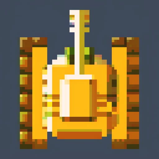 small tank, top-view, game sprite, 32x32 pixel art, sRGB, 2d game art, close up, yellow main color, single turret, intimidating cannons, tracks, tranparent background, game sprite, symmetry