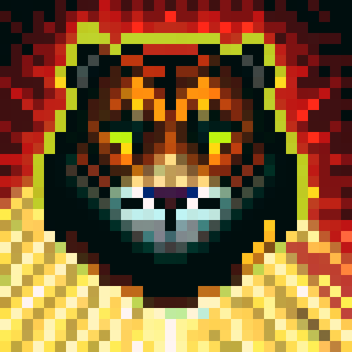 tiger face, game icon, 32x32 pixel art, sRGB, skill art, close up, portrait, fierce expression, vibrant orange fur, piercing yellow eyes, defined black stripes, intense level of detail