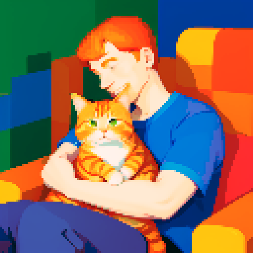 man with a contented ginger cat on his lap, vibrant colors, blocky pixels, retro aesthetic, warm and cozy setting, soft lighting, expressive cat poses, meticulous attention to detail, intricate pixel patterns, nostalgic video game vibes, playful interaction between person and cat, harmonious sRGB color palette