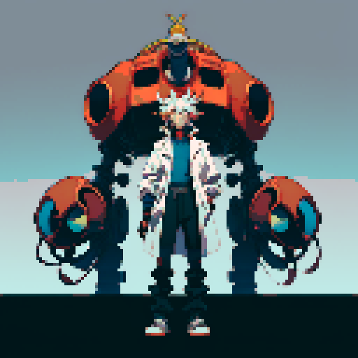 full-body image mad scientist facing left, standing on robot