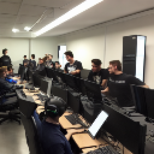 a bunch of hardcore pc gamers in a room together at a LAN party playing Quake