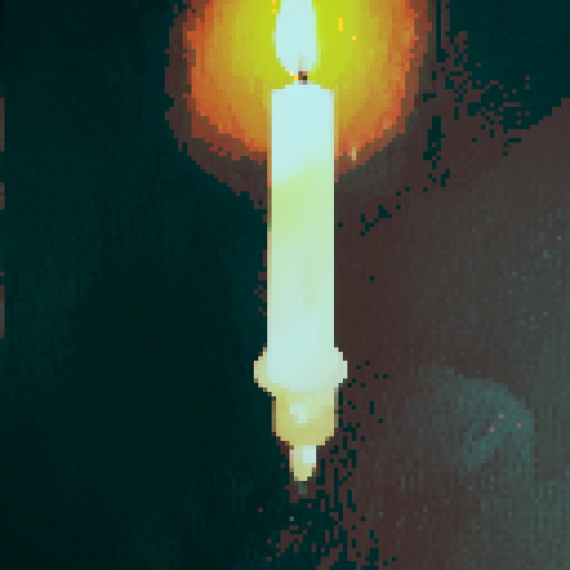burning candle, flickering flame, vibrant orange glow, melting wax, wisps of smoke, intricate wax drips, intricate pixel art details, sharp edges, vibrant colors, contrasting black background, sRGB color space