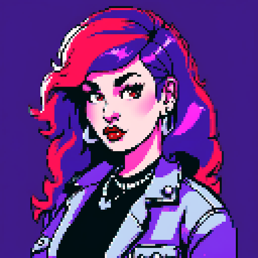 Plus size busty greaser goth girl, with long purple hair, eyeliner, red lipstick. wearing a studded collar. Posing for a face portrait, avatar photo. vibrant sRGB colors, pixel art, edgy aesthetic