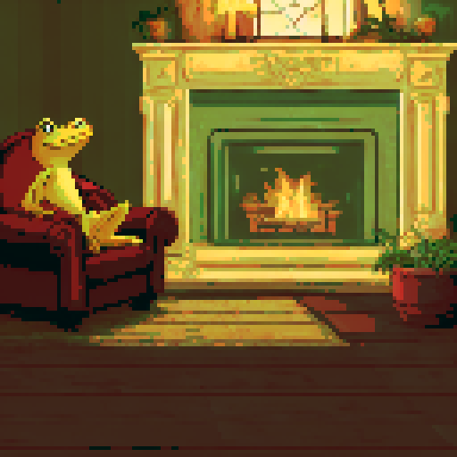 In the cozy ambiance of a dimly lit room, a small, jovial frog perches comfortably upon a plush couch chair, its diminutive size emphasized by the vastness of the furniture. The flickering flames of a nearby fireplace cast a warm glow, enveloping the space in a soft, golden light, creating an atmosphere of comfort and relaxation. With a mug clasped delicately between its tiny webbed fingers, the contented frog takes a sip of steaming coffee, its expression reflecting pure bliss.